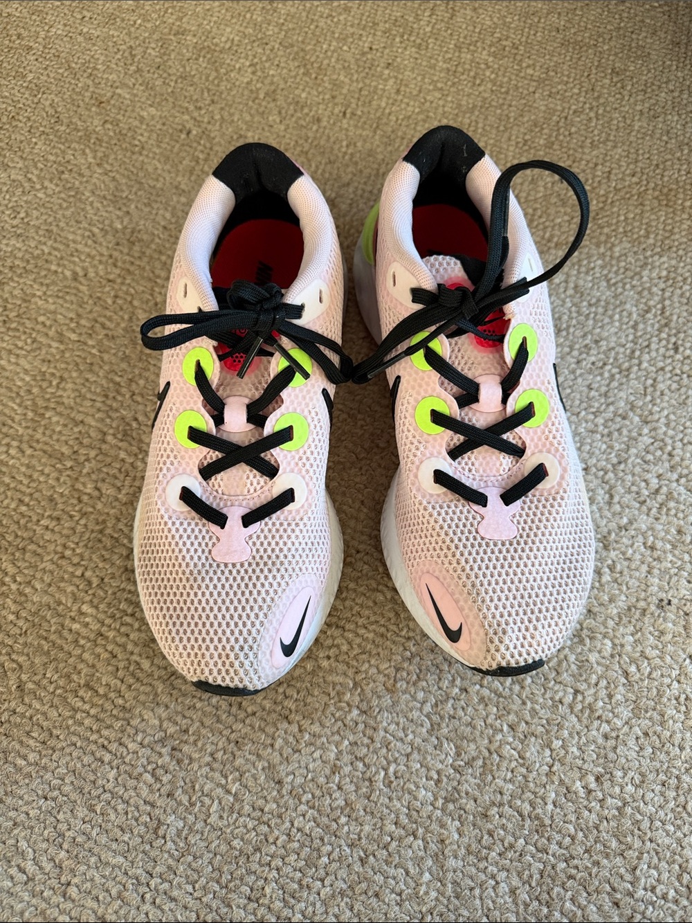 Nike Kids Light Pink Sneakers with Neon Green and Black Accents